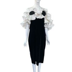 Vtg 80s Dave & Johnny Ruffle Rosette Dress Velvet Off Shoulder Cocktail 13/14